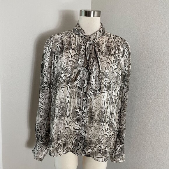 Joie Womens Large Snake Print Metallic Blouse Neck Tie Long Sleeve Shirt Top - Picture 1 of 11